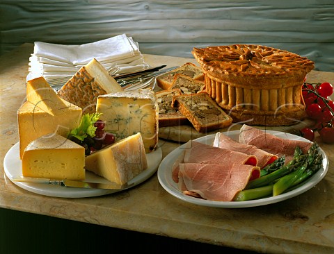 Game Game pie ham with asparagus and cheese board   with stilton cheddar etc