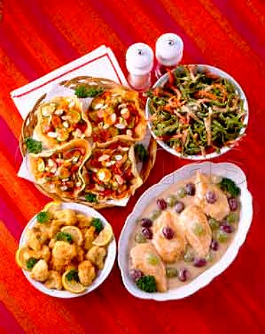 Chicken breasts with grapes Fettuccini ham and red  pepper salad Papadom shells with spicy vegetables  Cauliflower tempura
