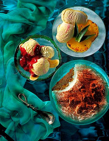 Desserts Grilled pineapple with raspberry ripple  icecream Banana split and Tiramisu