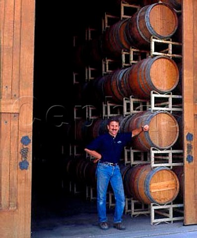 Pete Hedges manager of Hedges Cellars   at the entrance to the winery barrel room     Benton City Washington USA  Red Mountain AVA