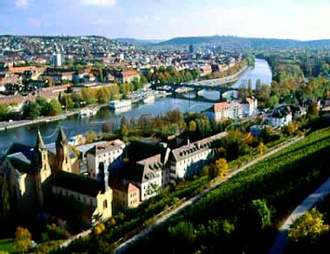 View from the Marienberg Fortress above St Burkhards Church river Main and   Ludwigs Bridge Wurzburg Franken Germany