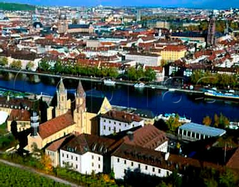 View from the Marienberg Fortress above St Burkhards Church and the Main River  Wurzburg Franken Germany