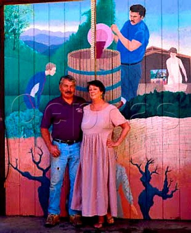 Bob and Sue Brakesman at the entrance to the winery   of Summit Lake Vineyards Angwin Napa Co   California    Howell Mountain AVA