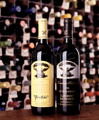 Bottles of Wolf Blass Cabernet Sauvignons    1999 Yellow Label and 1998 Presidents Selection    in the wine cellar of the Hotel du Vin Bristol