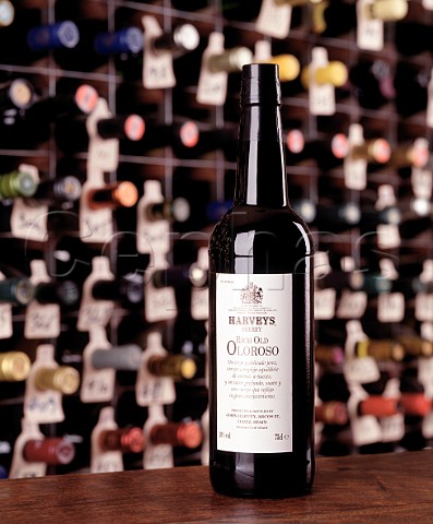 Bottle of Harveys Oloroso Sherry  in the wine cellar of the Hotel du Vin Bristol
