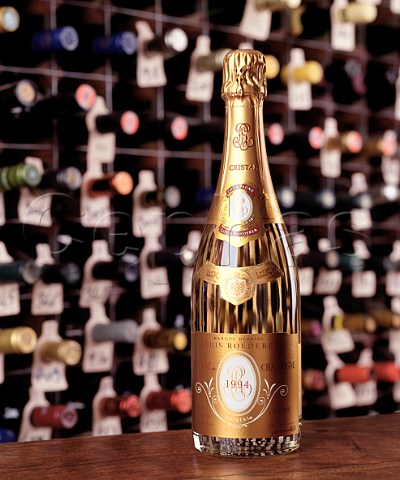 Bottle of 1994 Roederer Cristal Champagne  in a wine cellar