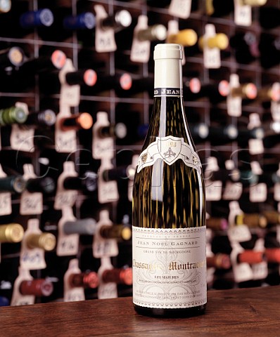 Bottle of 1998 JeanNoel Gagnard   ChassagneMontrachet Les Masures   in the wine cellar of the Hotel du Vin Bristol