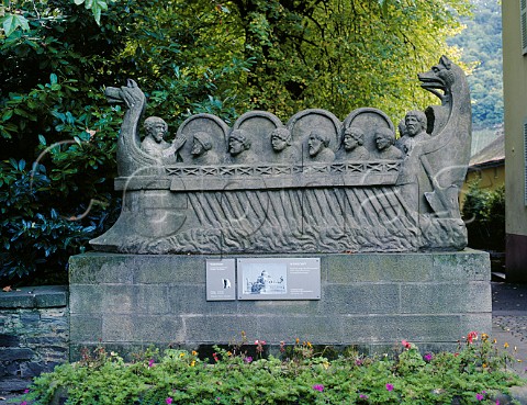 Replica of a Roman carving showing a Mosel wine galley complete with barrels and slaves Neumagen Germany   Mosel