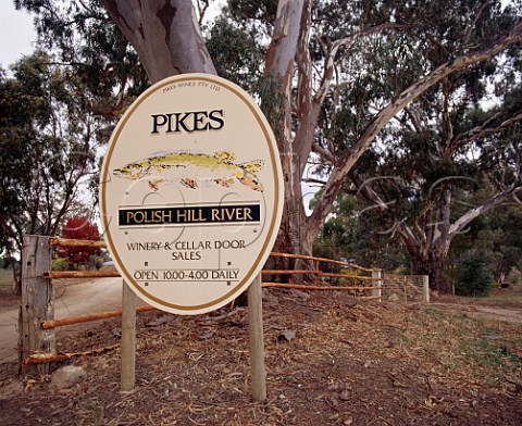 Sign at the entrance to Pikes winery in the   Polish Hill River region of the Clare Valley   Sevenhill  South Australia    Clare Valley
