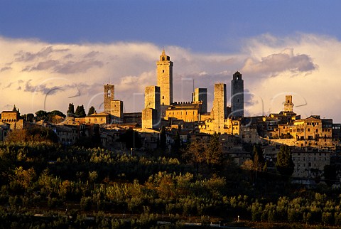 Evening sunlight falls on the medieval   towers of San Gimignano Tuscany Italy