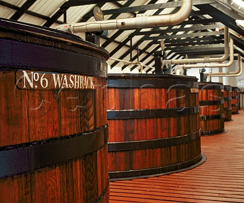 Wooden washbacks where the wort is fermented   at Bowmore whisky distillery Isle of Islay Scotland