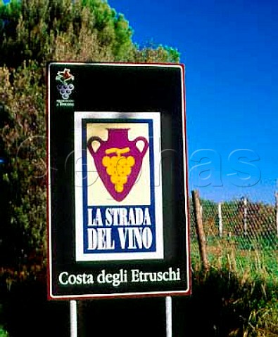 Sign for the Strada del Vino of Costa degli Etruschi   at Bolgheri Tuscany Italy