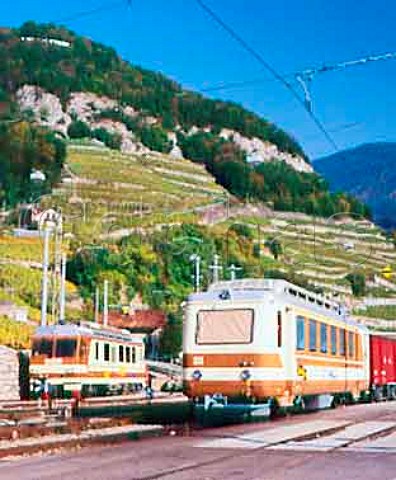 Trains on railway line below terraced vineyards   at Aigle Vaud Switzerland    Chablais