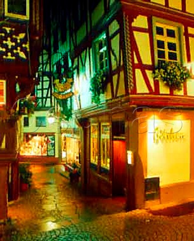 Wood framed buildings and narrow cobbled street in   the centre of Bernkastel Germany      Mosel