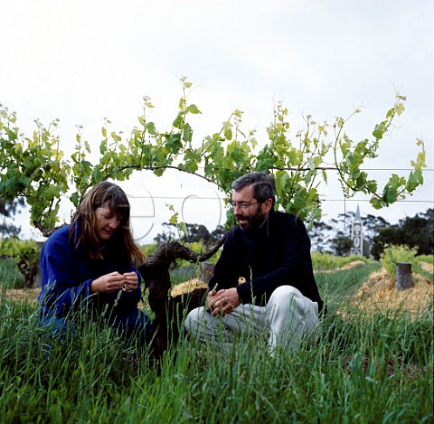 Stephen and Prue Henschke with ancient Shiraz vine   in their Hill of Grace vineyard Gnadenberg   near Keyneton South Australia     Eden Valley