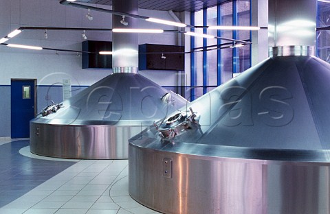 Stainless steel fermentation tanks in the brewhouse of Scottish and Newcastle brewery producers of Newcastle Brown Ale   NewcastleuponTyne England