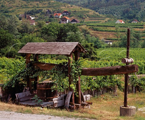 Old wine press in vineyards on the Heiligenstein at Zbing Austria  Kamptal