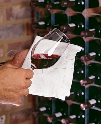 Using a white cloth to see the colour and clarity of red wine in a glass