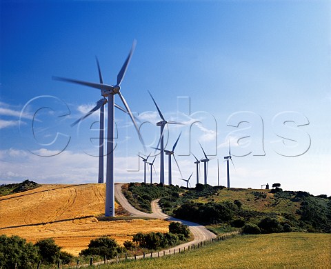 Wind turbines near Pamplona some of thousands   erected as part of a European energy conservation   project Navarra Spain