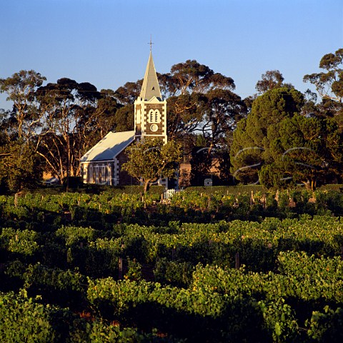 Gnadenberg Lutheran Church viewed over the   Henschke Hill of Grace Vineyard Keyneton   South Australia                 Eden Valley