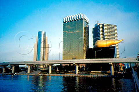 The Asahi Breweries building and the   Sumida river in Asakusa district Tokyo   Japan