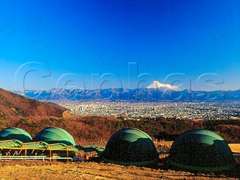Green domes covering the group areas of Suntorys   visitor centre at the Tominooka winery with Kofu   city on the plain below and snow capped Mt Fuji in   the distance Yamanashi Prefecture Japan