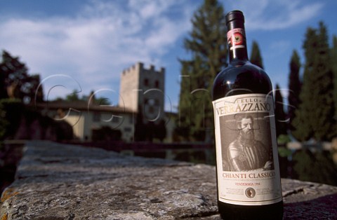 Bottle of Castello di Verrazzano in front of the castle Greve in Chianti Tuscany Italy  Chianti Classico