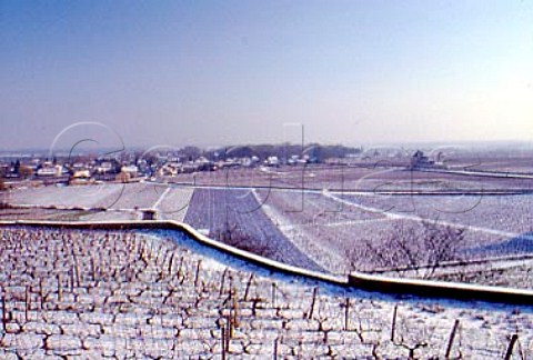 View from snow covered Les Amoureuses   vineyard in ChambolleMusigny with Les   Petits Vougeots vineyard Vougeot   village and Chteau du Clos de Vougeot   beyond      Cte dOr France   Cte de Nuits