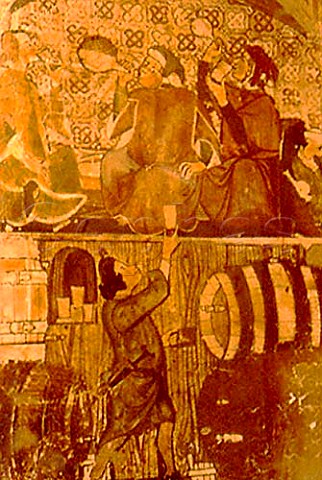 Medieval fresco of drinking in a wine   tavern at Antinoris Castello della Sala   Sala Umbria Italy