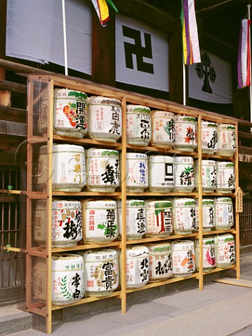 Sake barrels on display outside Zenkoji Temple   Nagano Japan