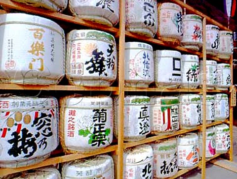 Sake barrels on display outside Zenkoji Temple   Nagano Japan