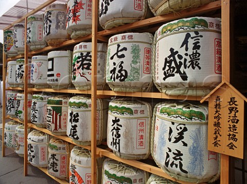 Sake barrels on display outside Zenkoji Temple Nagano Japan