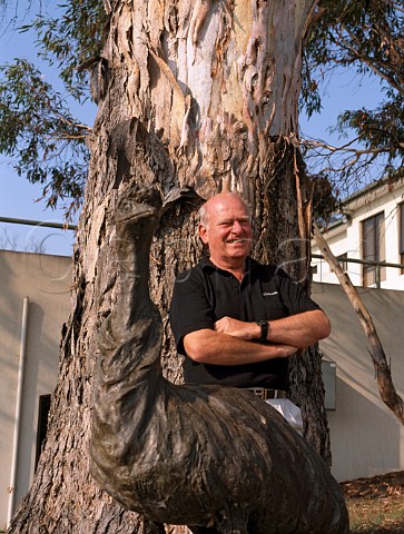 Peter Althaus of Domaine A  Stoney Vineyard with one of his many metal Australian animal sculptures  Near Campania Tasmania Australia  Coal River