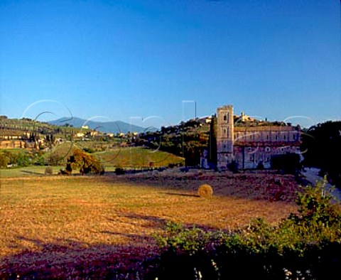 Abbazia di SantAntimo below the hilltop town of Castelnuovo dellAbate Tuscany Italy Brunello di Montalcino