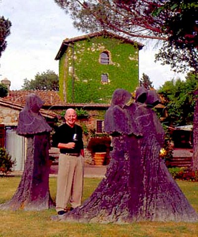Frank Grace in the garden of Villa Castaglioni   with the sculpture Cloister Conspiracy by   Philip Jackson    Il Molino di Grace near Panzano in Chianti Tuscany   Italy   Chianti Classico