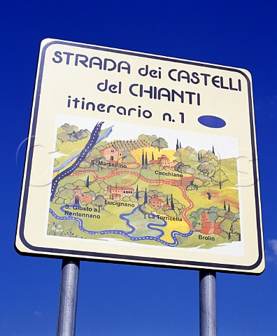 Sign for the wine road Strada dei Castelli del  Chianti near Monti in Chianti Tuscany Italy     Chianti Classico