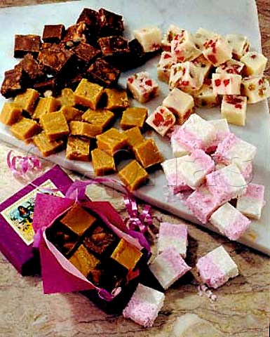 Homemade sweets Chocolate and brazil nut   fudge Cream fudgeCherry and sultana fudge and Coconut ice