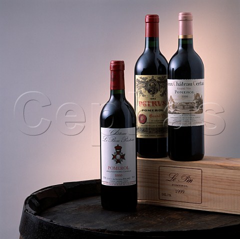 Bordeaux France bottles of Pomerol red wine    Le Bon Pasteur 1999 Vieux Chteau Certan 2000   Ptrus 1953 and a wooden case of Le Pin 1999