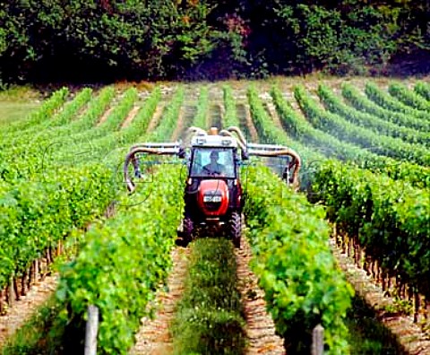 Spraying in vineyard of Chteau de Barbe   Villeneuve Gironde France     Ctes de Bourg  Bordeaux