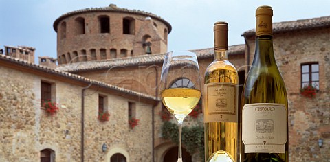 Bottles of Antinori Cervaro and Muffato in courtyard   of Castello della Sala Umbria Italy