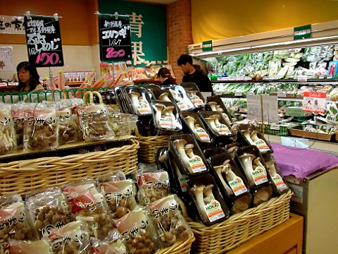 Mushrooms on sale in the food section of a Japanese    department store Kokubunji Tokyo