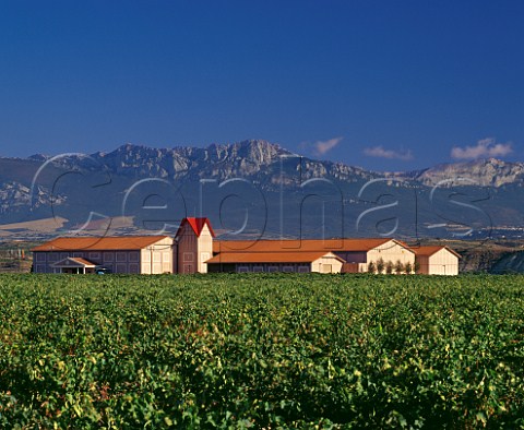 Bodega of Finca Valpiedra surrounded by its vineyard with the Sierra de Cantabria beyond Cenicero La Rioja Spain Rioja Alta