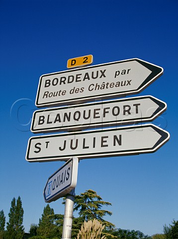 Sign for the D2 road to Bordeaux and the Route des Chteaux Pauillac Gironde France Mdoc
