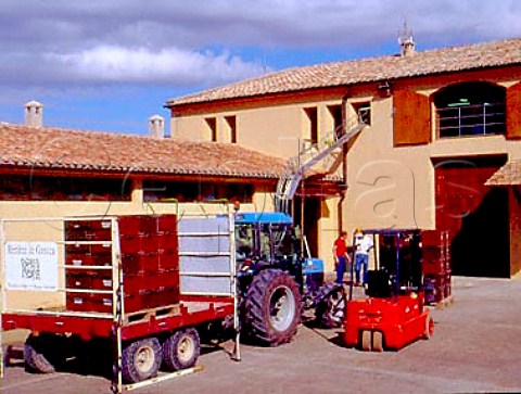Crates of harvested grapes arrive at the gravityfed   bodega of Fernando Remrez de Ganuza   Samaniego Alava Spain   Rioja Alavesa