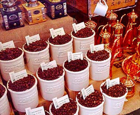 Window display showing a variety of coffee beans  Javana tea and coffee shop Steenstraat Bruges Belgium