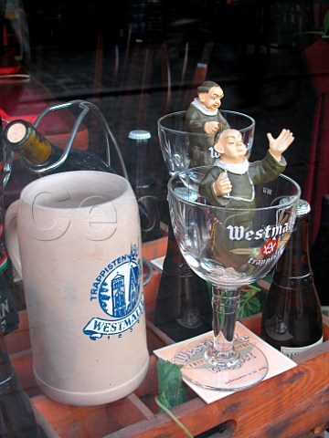 Window display in Pietje Pek family restaurant    bistro specialising in Trappist beer and other   products  StJakobsstraat Bruges Belgium