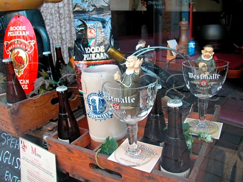 Window display in Pietje Pek family restaurant    bistro specialising in Trappist beer and other   products  StJakobsstraat Bruges Belgium