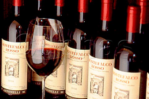 Glass and bottles of Montefalco Rosso of   Antonelli Umbria Italy