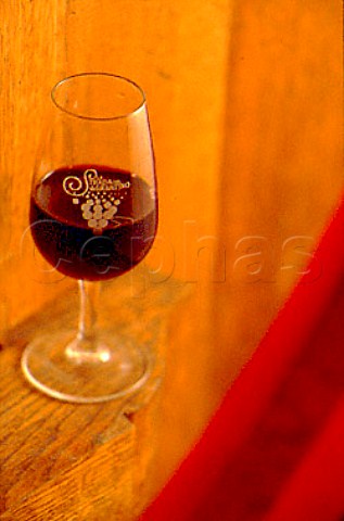 Glass of Montefalco Rosso in the barrel   cellar of Antonelli Montefalco Umbria   Italy