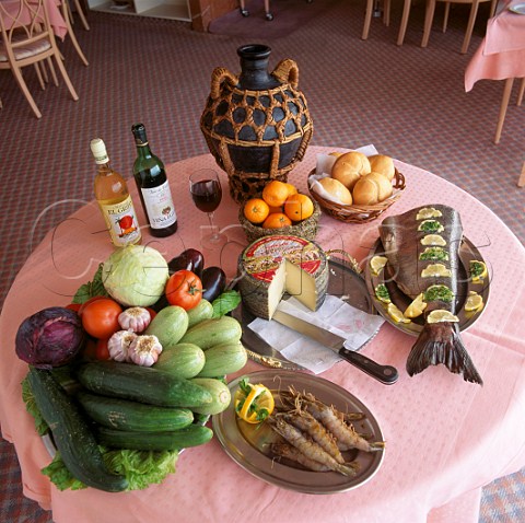 Canary Island restaurant table display of food and  wine